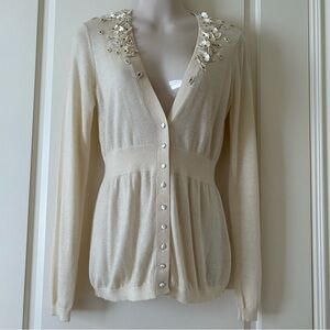 REBECCA TAYLOR Cream Colored Silk And Cashmere Cardigan, Deep V, Embellished,  M